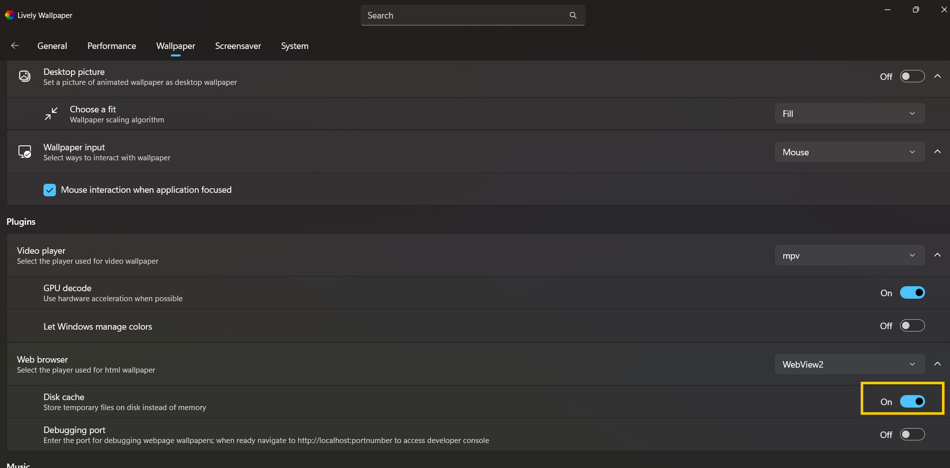 Switching Disk Cache to On in Lively Wallpaper settings