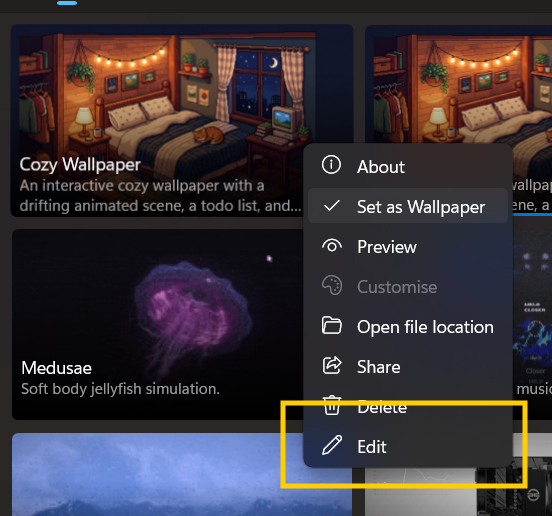 Editing the wallpaper entry in Lively Wallpaper