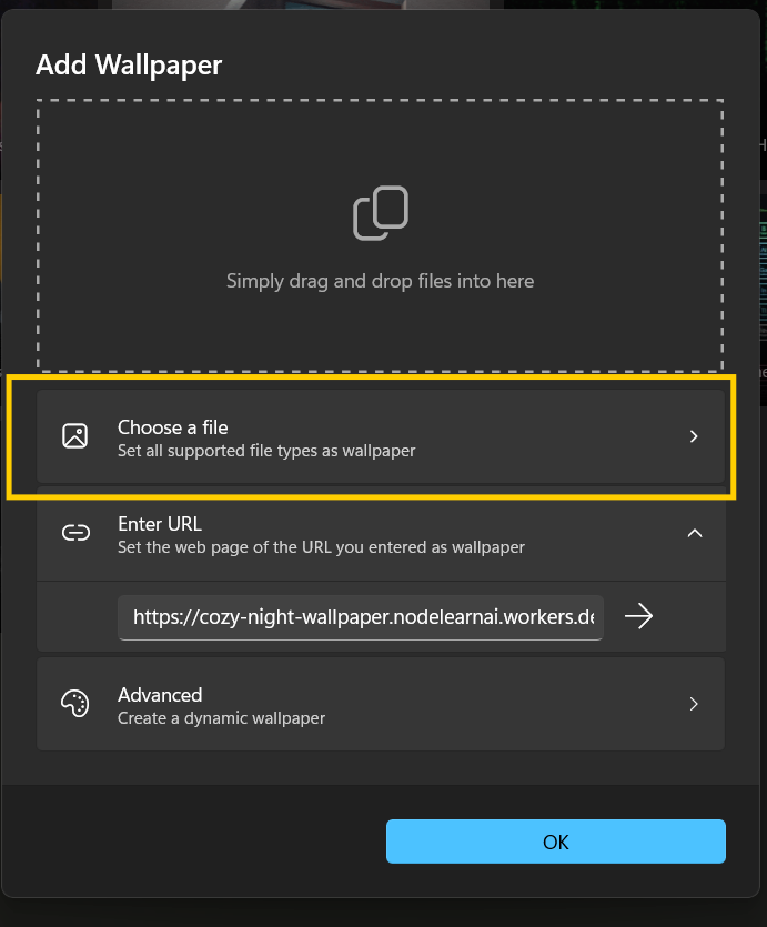 Importing the wallpaper zip file into Lively Wallpaper
