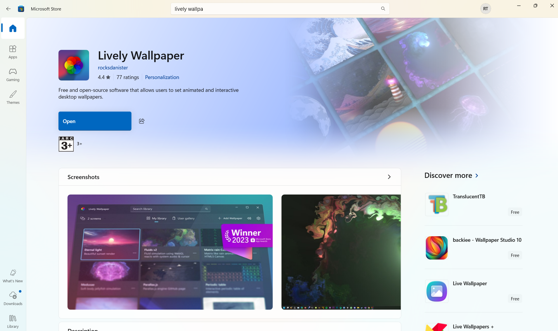 Lively Wallpaper listing in the Microsoft Store