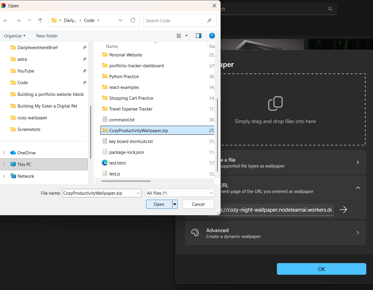 Selecting the wallpaper files to import in Lively Wallpaper