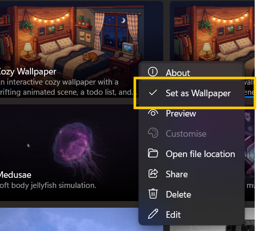 Selecting "Set as Wallpaper" from the options menu